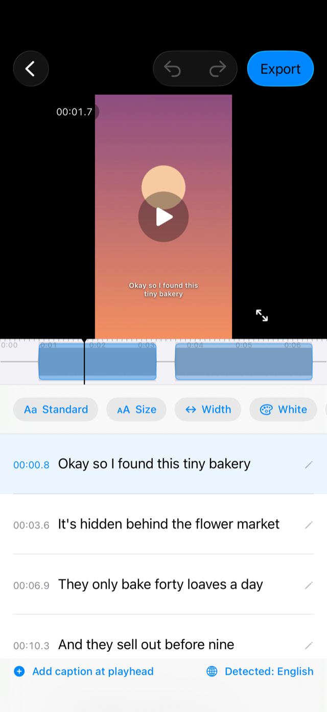 CapiCap editor with a transcript list and caption styling controls