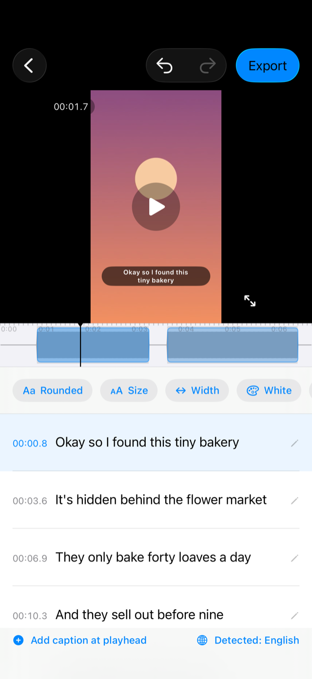 CapiCap editor showing a video preview with burned-in captions and font style options